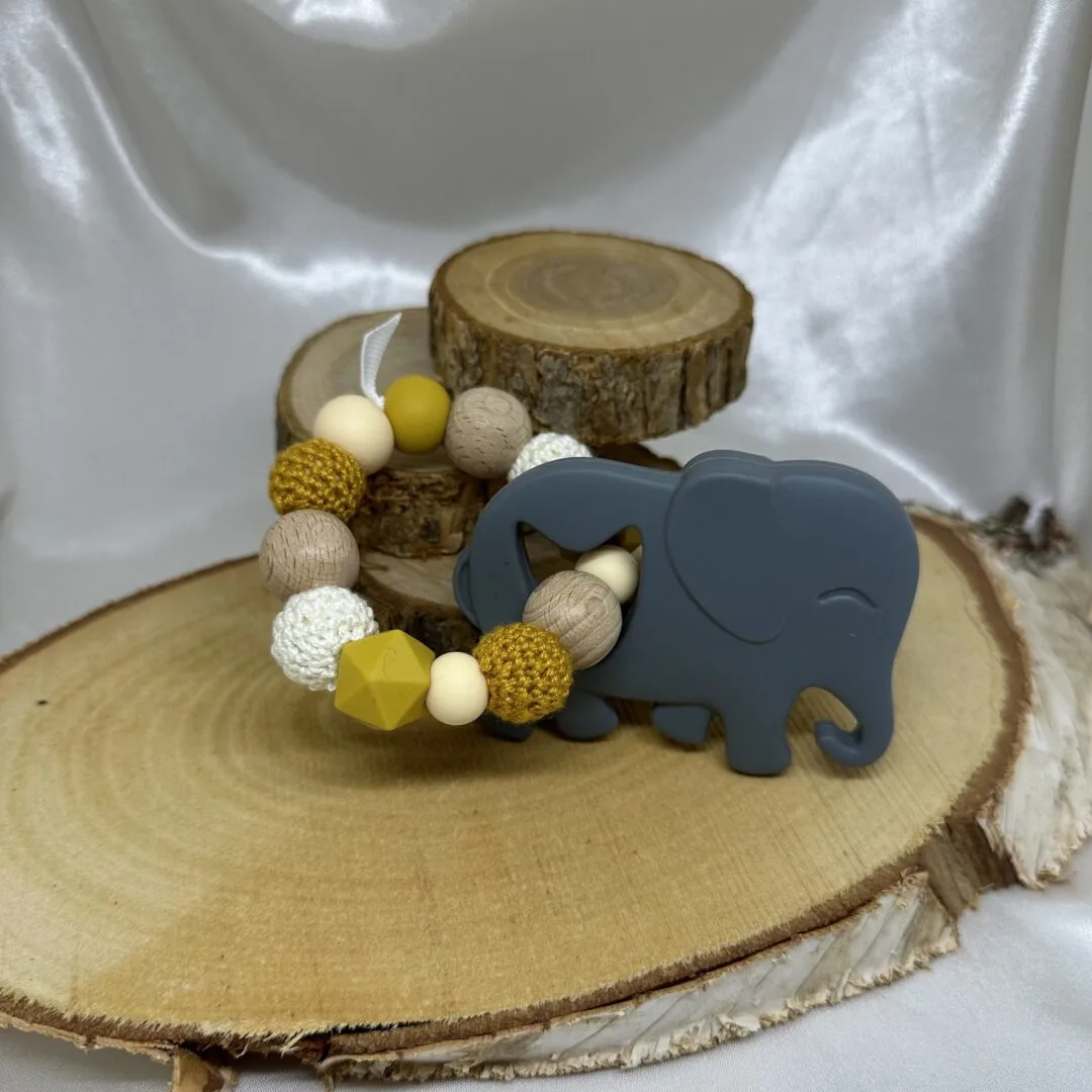 Anneau de dentition éléphant jaune moutarde