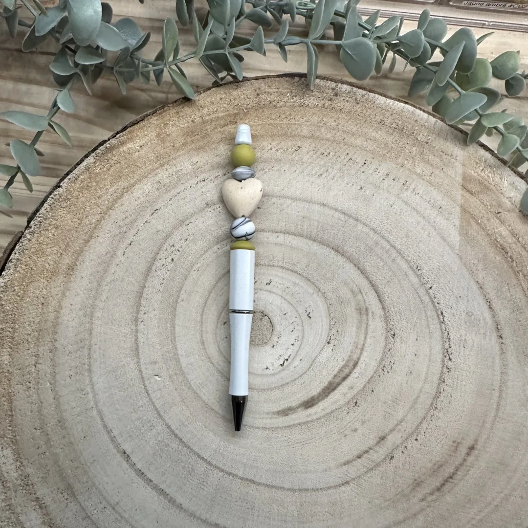 Stylo blanc coeur bois